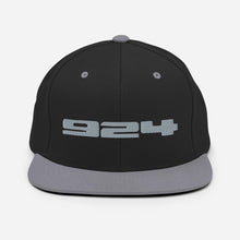 Load image into Gallery viewer, Porsche 924 - Embroidered Logo - Black &amp; Silver Snapback Hat - Fueled.art
